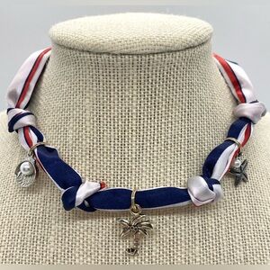 Red White Blue Stripe Pattern Satin Scarf Necklace Silver Charms Festival Preppy